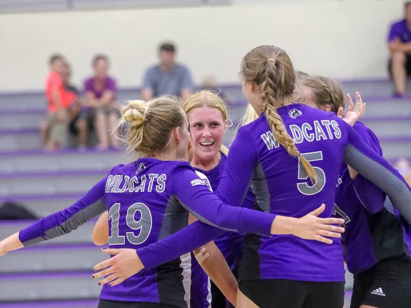 The Wildcats celebrate in a match earlier this season. Weber State downed Utah Valley in five sets Tuesday night.
