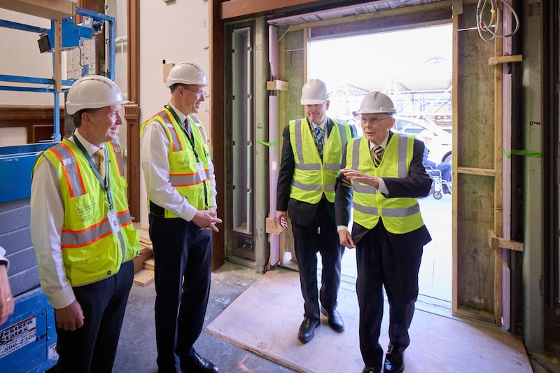 President Dallin H. Oaks waves to Bishop W. Christopher Waddell and Bishop L. Todd Budge before touring the Salt Lake Temple on Friday, Dec. 12, 2025.