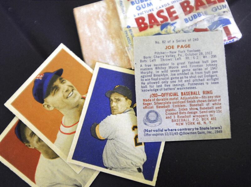 In this Aug. 19, 2011 photo, Joe Page a New York Yankees pitcher is one of the bubble gum baseball cards Sarah Maughan has in her gum collection of more than 1400 flavors and types, in Idaho Falls, Idaho.