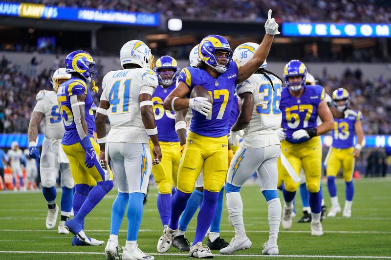 Los Angeles Rams wide receiver Puka Nacua (17) celebrates his touchdown catch during the first half of a preseason NFL football game against the Los Angeles Chargers.