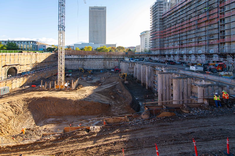 Horizontal bracing beams are installed to reinforce the vertical columns of the secant wall of the temple, Salt Lake City, Utah, Oct. 2021.