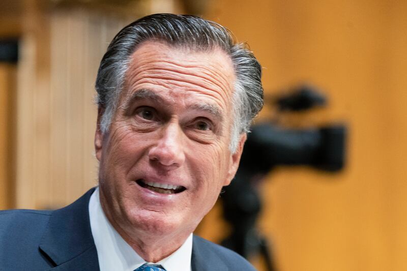 Sen. Mitt Romney, R-Utah, is shown speaking during a Senate committee hearing.