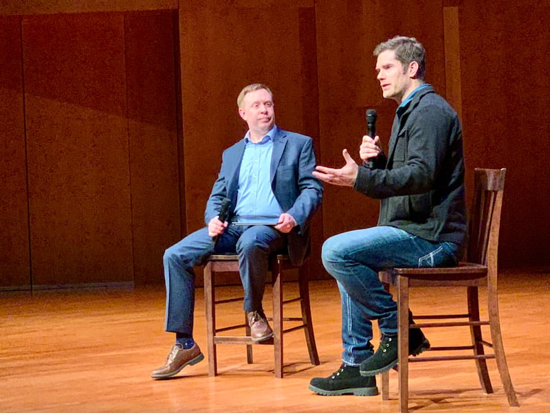 Dallas Jenkins, creator of “The Chosen,” right, speaks with moderator Patrick Mason during an event at Utah State University.