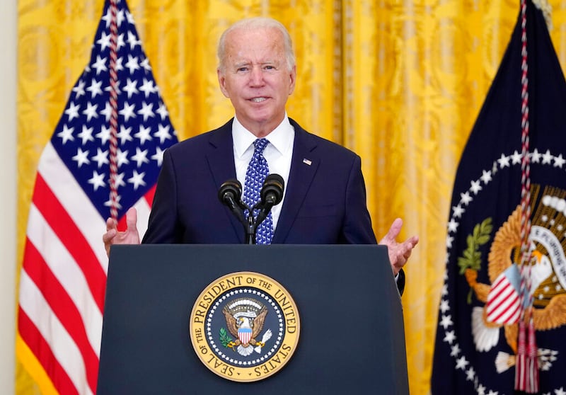 President Joe Biden speaks during an event in Washington.