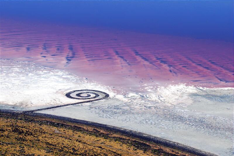 An aerial photo shows Robert Smithson's "Spiral Jetty" last month on the northern shore of the Great Salt Lake.