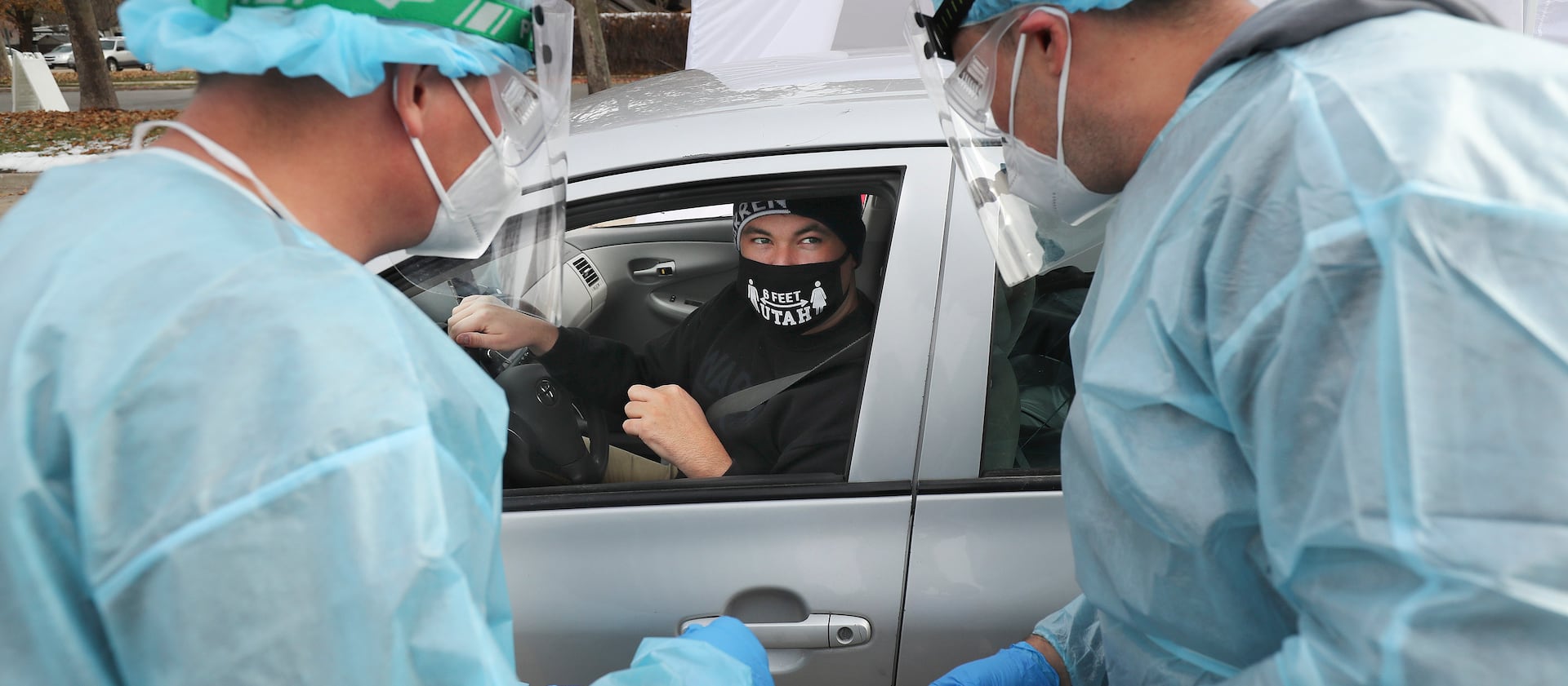 Jon O’Brien gets a COVID-19 test at a Utah National Guard Joint Task Force 97 mobile testing site in Salt Lake City.