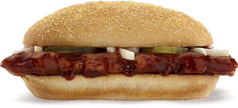 This product image courtesy of McDonald’s shows their McRcib sandwich.