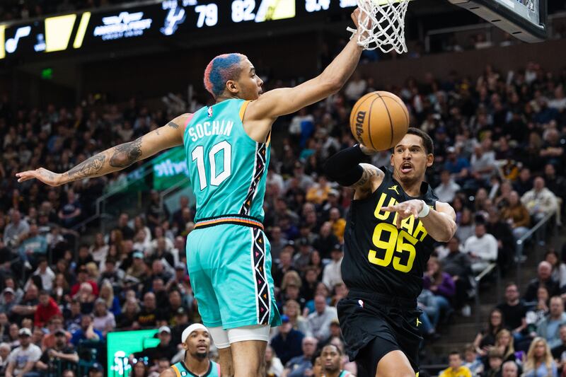 Utah Jazz’s Juan Toscano-Anderson passes the ball during game vs. the Spurs at Vivint Arena in Salt Lake City, Feb. 25, 2023.
