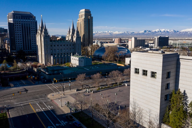 The Church of Jesus Christ of Latter-day Saints’ Conference Center in Salt Lake City is devoid of conferencegoers during the 190th Annual General Conference on Saturday, April 4, 2020. Due to the spread of COVID-19, the conference is being broadcast without church members in attendance.