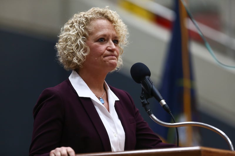 FILE - Mayor Jackie Biskupski addresses the major challenges and opportunities facing the city in her fourth State of the City speech at East High School in Salt Lake City on Thursday, Jan. 17, 2019.