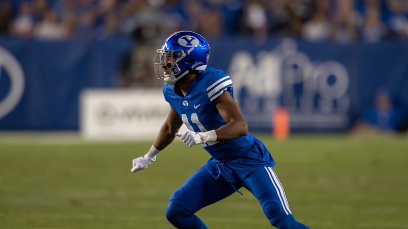 BYU Cougars defensive back Gabe Jeudy-Lally (11) runs on defense during an NCAA football game on Sept. 10, 2022, in Provo.