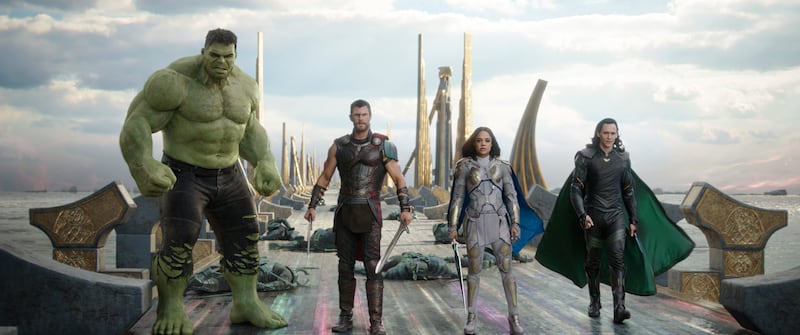 This image released by Marvel Studios shows the Hulk, from left, Chris Hemsworth as Thor, Tessa Thompson as Valkyrie and Tom Hiddleston as Loki in a scene from “Thor: Ragnarok.”