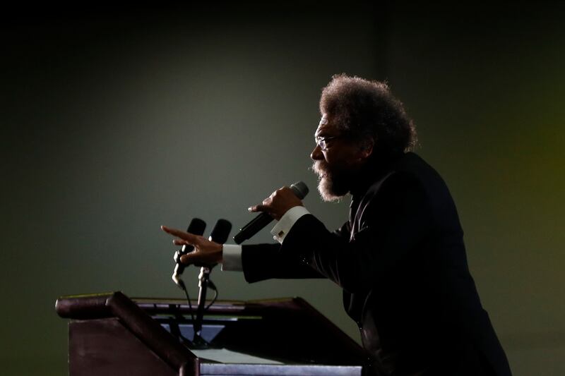 Political activist Cornel West speaks at a campaign rally for Democratic presidential candidate Sen. Bernie Sanders.