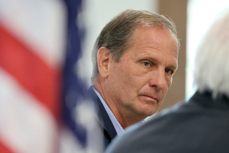 Rep. Chris Stewart, R-Utah, listens during Sutherland Institute’s 2023 Congressional Series at the Hinckley Institute of Politics at the University of Utah on Aug. 3, 2023.