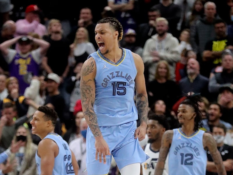 Memphis Grizzlies forward Brandon Clarke jumps in celebration
