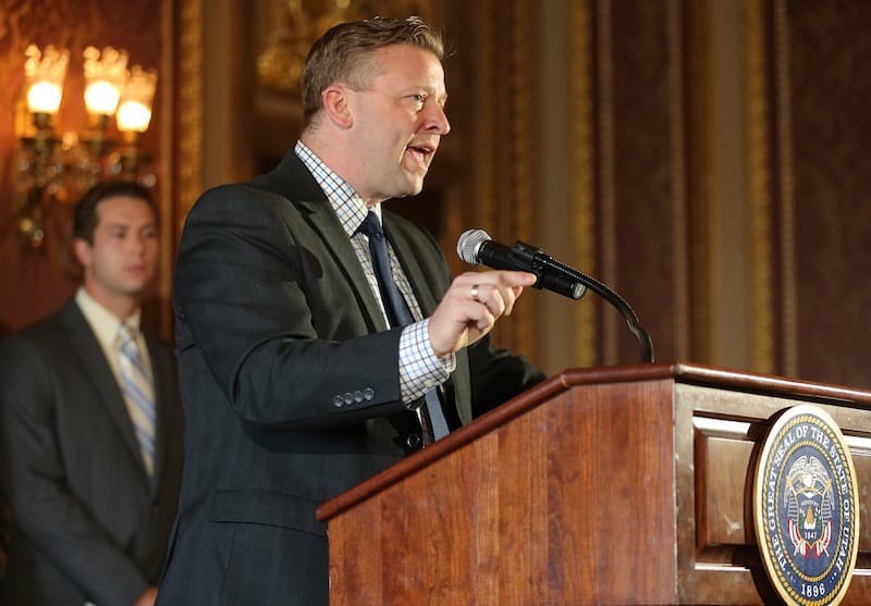 Sen. Todd Weiler, R-Woods Cross, speaks at a press event prior to Gov. Gary Herbert signing SCR9, a resolution the state Legislature unanimously passed in 2016 declaring pornography a public health crisis. Weiler sponsored the resolution.