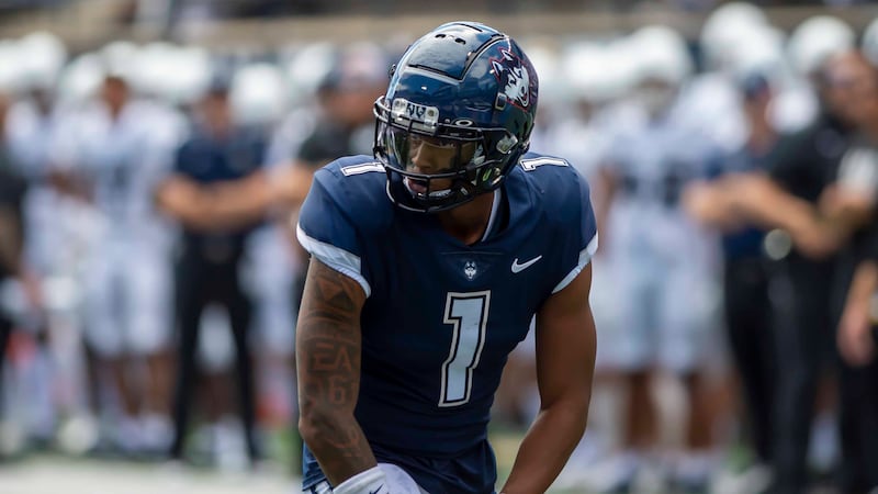 Connecticut Huskies wide receiver Keelan Marion (1) looks to the quarterback for the play call during an NCAA football game on Saturday, Aug. 27, 2022, in Logan, Utah.