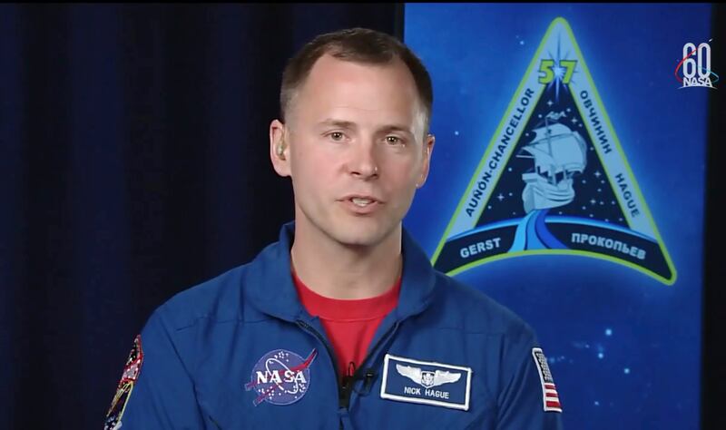 In this frame from video from NASA TV, NASA astronaut Nick Hague, who survived the Oct. 11, 2018, failed launch and emergency landing, speaks Tuesday, Oct. 16, 2018, from the NASA Johnson Space Center in Houston. Hague and Russian Alexei Ovchinin were two