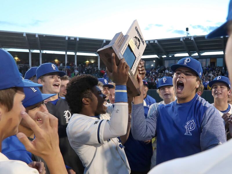 Action in the Pleasant Grove versus Lone Peak 6A high school baseball championship game at the UCUU ball park in Orem on Friday, May 24, 2019.