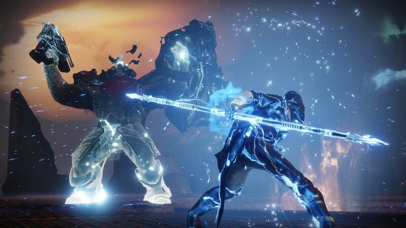 A Hunter Arcstrider faces off against a Taken creature in Destiny 2.