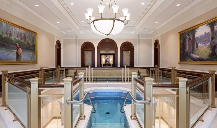 The baptistry of the Deseret Peak Utah Temple.