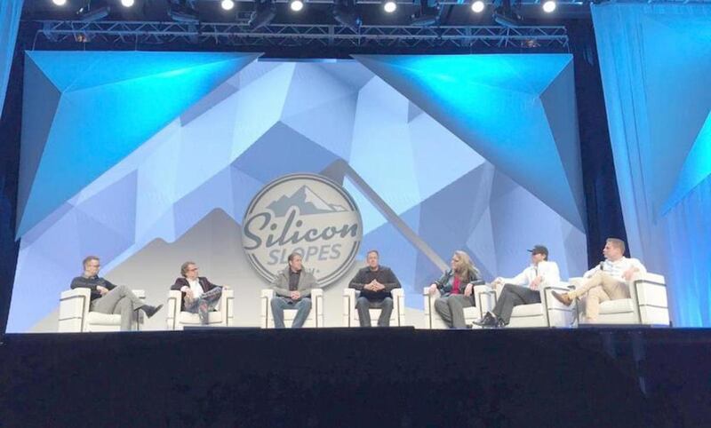 From left to right: Beehive Startups founder Clint Betts, Domo CEO Josh James, Dave Elkington, InsideSales.com, Aaron Skonnard, co-founder and CEO of PluralSight, Carine Clark, executive board member of Silicon Slopes, Ryan Smith, CEO of Qualtrics, Dave B