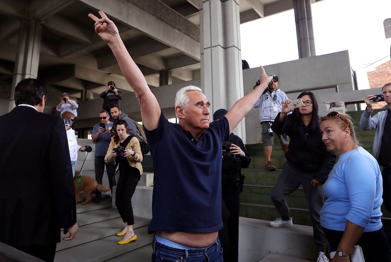 Former campaign adviser for President Donald Trump, Roger Stone leaves the federal courthouse following a hearing, on Friday, Jan. 25, 2019, in Fort Lauderdale, Fla. Stone was arrested Friday in the special counsel's Russia investigation and was charged