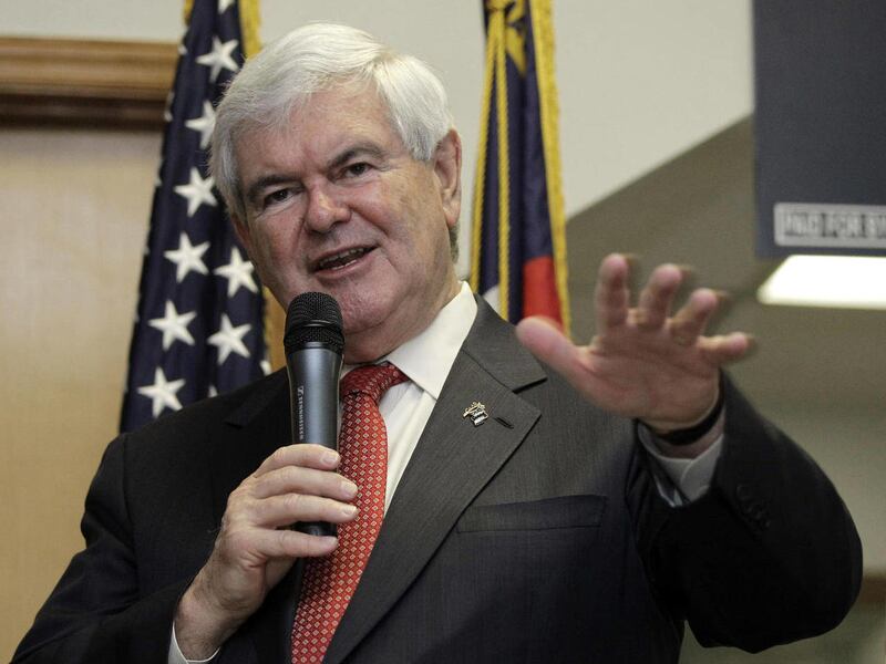 In this April 25, 2012, file photo, Republican presidential candidate, former House Speaker Newt Gingrich speaks in Cramerton, N.C.