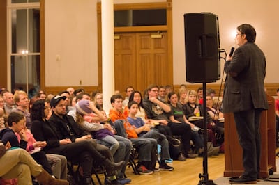 Author Brandon Sanderson speaks at a young adult event at the Provo City Library.