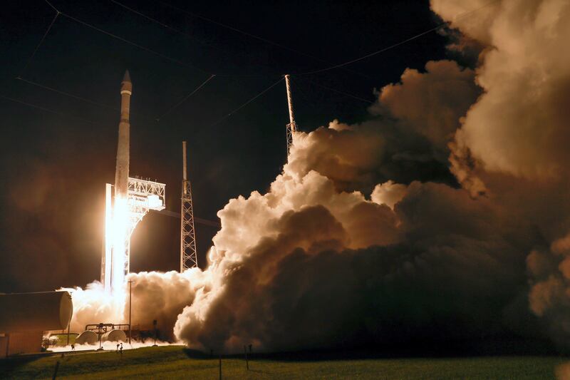 A United Launch Alliance Atlas V rocket carrying the Lucy spacecraft lifts off at the Cape Canaveral Space Force Station.