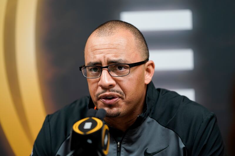 Tony Elliott speaks during media day for the NCAA College Football Playoff national championship game in New Orleans, in this Saturday, Jan. 11, 2020, file photo.
