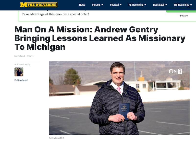 Andrew Gentry, a Latter-day Saint missionary in Utah and and future Michigan lineman, was featured in an in-depth article by The Wolverine magazine this week.