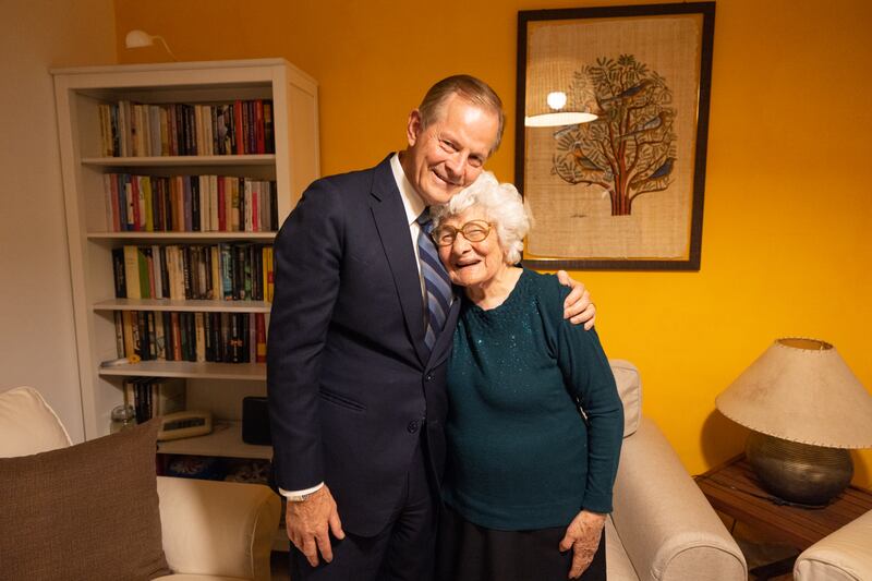 Elder Gary E. Stevenson of the Quorum of the Twelve Apostles and Sister Lesa Stevenson meet with 101-year-old Rosaria Valenti, a longtime Latter-day Saint, at her home in Bari, Italy, on Thursday, Oct. 24, 2024.
