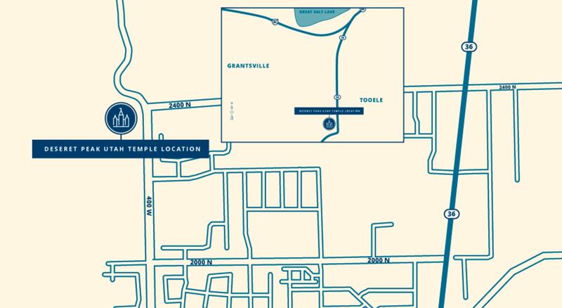 A map detailing the location of the Deseret Peak Utah Temple at 2400 North 400 West in Tooele, Utah.