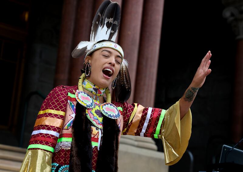 Honey sings at a celebration commemorating the beginning of Native American Heritage Month in Salt Lake City on Nov. 1, 2022.