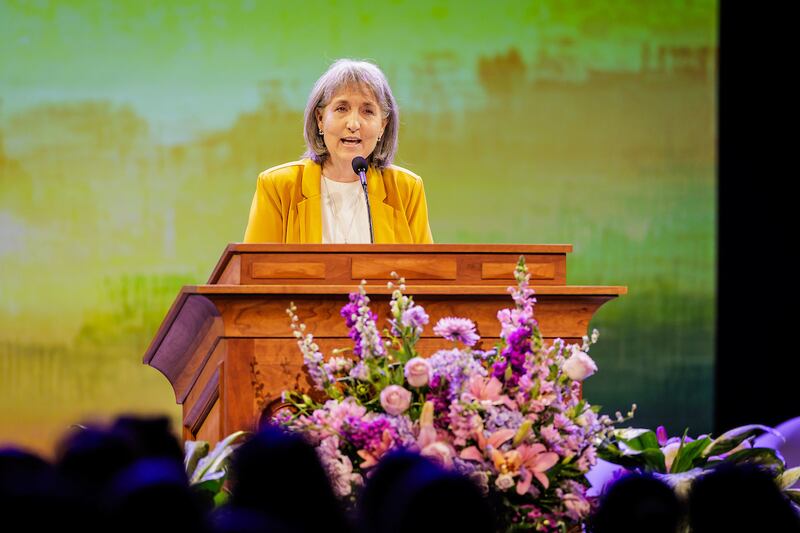 Sister J. Anette Dennis, first counselor in the Relief Society general presidency, speaks at the 2025 BYU Women's Conference.