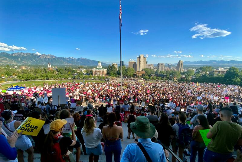 Abortion-rights advocates at the Capitol protest the Supreme Court’s decision to overturn Roe v. Wade in Salt Lake City.