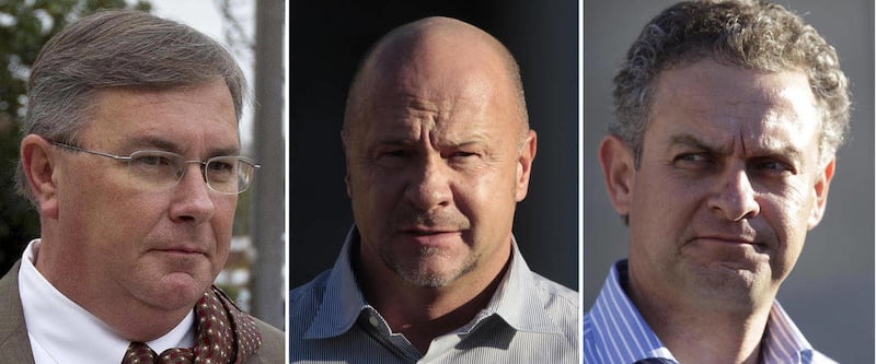 FILE - Shown are file photos of three of four people who pleaded guilty in Alabama's gambling corruption case. At left is former State Rep. Terry Spicer. At center is former Country Crossings owner Ronnie Gilley. At right is casino lobbyist Jarrod Massey