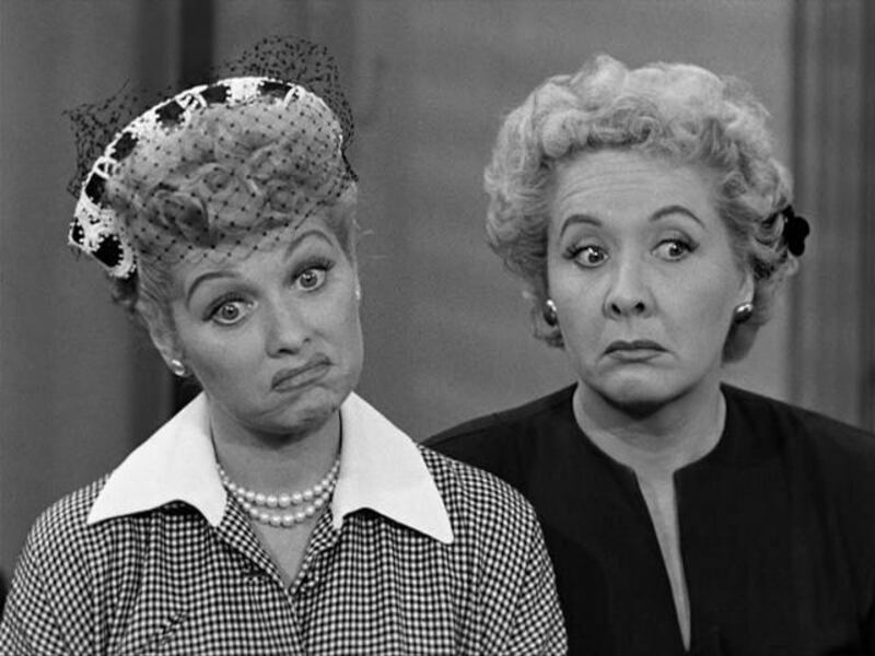 Lucille Ball as Lucy Ricardo and Vivian Vance as Ethel Mertz star in the sitcom “I Love Lucy.”