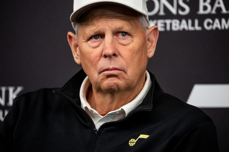 Utah Jazz CEO Danny Ainge listens during an end-of-season press conference at the Zions Bank Basketball Campus.