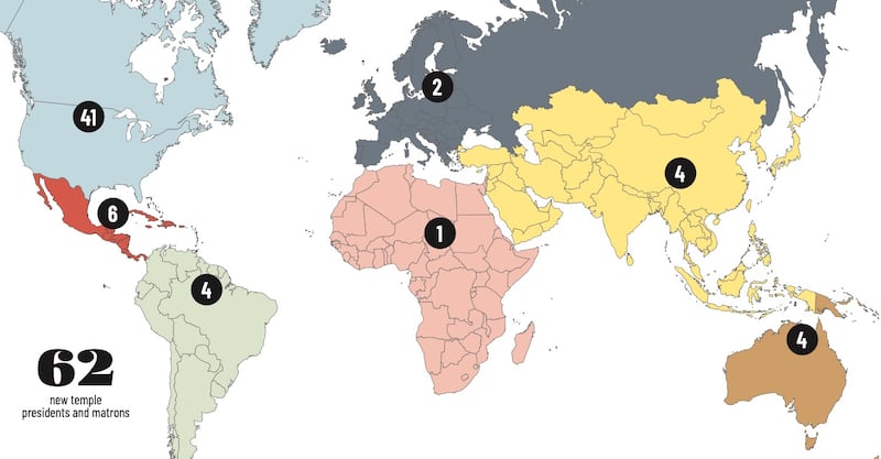 A map shows the number of houses of the Lord with new presidents and matrons called to serve in each area of the world.