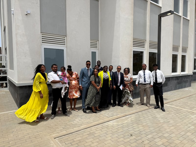 Latter-day Saints take a picture outside the new Eugenio Lima Chapel in Praia, Cape Verde, Sunday, April 12, 2026.