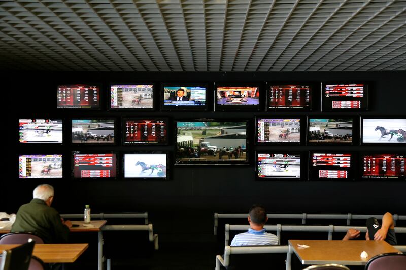 Men watch horse racing on an array of screen at Monmouth Park Racetrack in Oceanport, N.J.