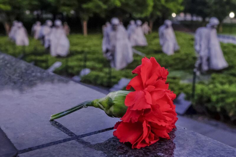 A single red carnation lies on top of the mural wall at the Korean War Veterans Memorial early in the morning, Sunday May 28, 2017 during the Memorial Day weekend holiday in Washington.