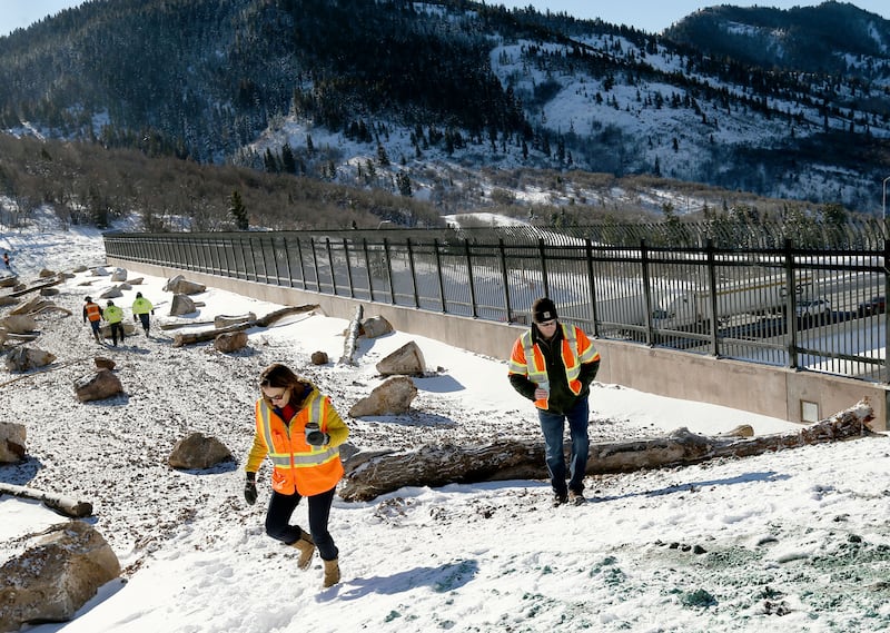 Members of the media tour a wildlife overpass on I-80 in Parleys Canyon on Dec. 13, 2018.