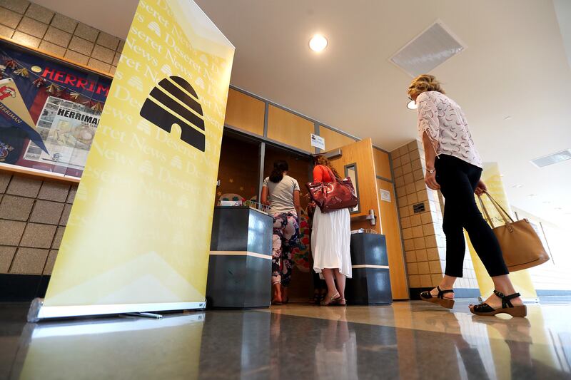Viewers enter the auditorium for a screening of the movie "Angst" at Fort Herriman Middle School on Wednesday, May 30, 2018.