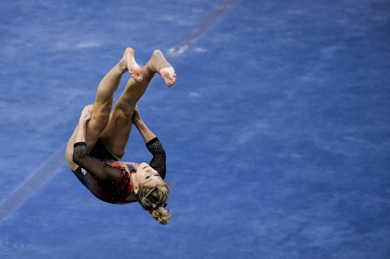 Utah's Sabrina Schwab performs a floor routine at the Marriott Center in Provo on Friday, Jan. 13, 2017.