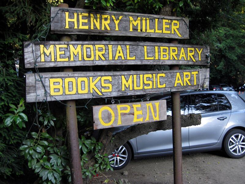 A sign for the Henry Miller Memorial Library in Big Sur, California.