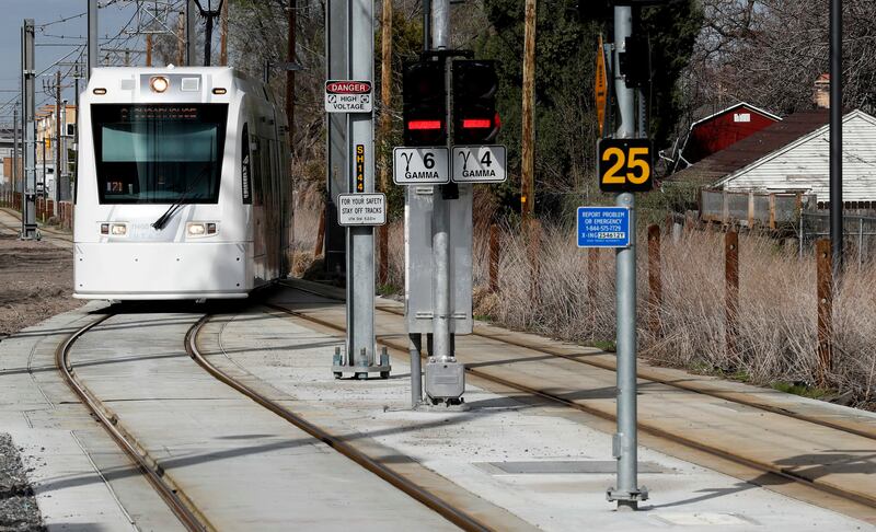 An S-Line streetcar passes through the newly completed double track area of the line near 2200 South and 300 East in Salt Lake City on Friday, April 5, 2019. With the double track construction project completed, a streetcar will be available every 15 minu