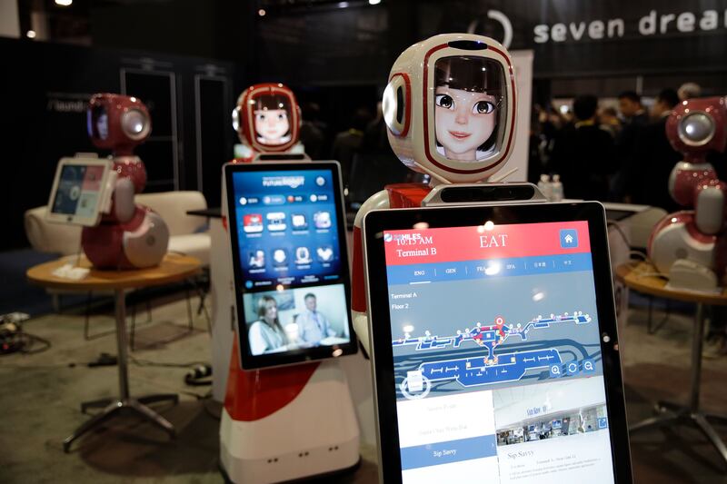 Furo smart service robots are demonstrated at CES International Friday, Jan. 6, 2017, in Las Vegas.